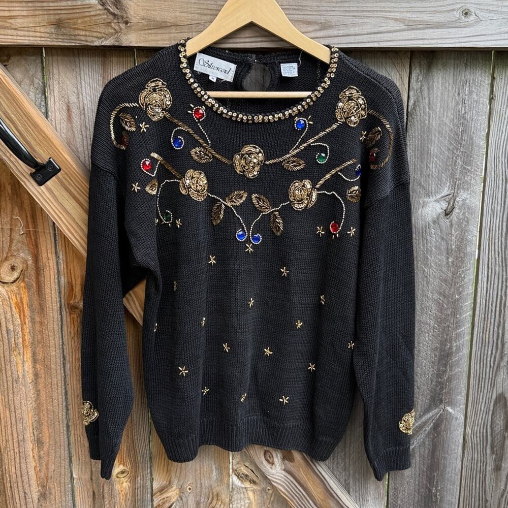 Silvercord Vintage Black Knit Sweater with Gold and Jewel Tones Med